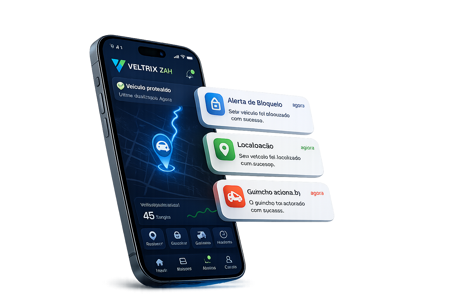 Aplicativo Veltrix 24h com alertas de bloqueio, localização e guincho