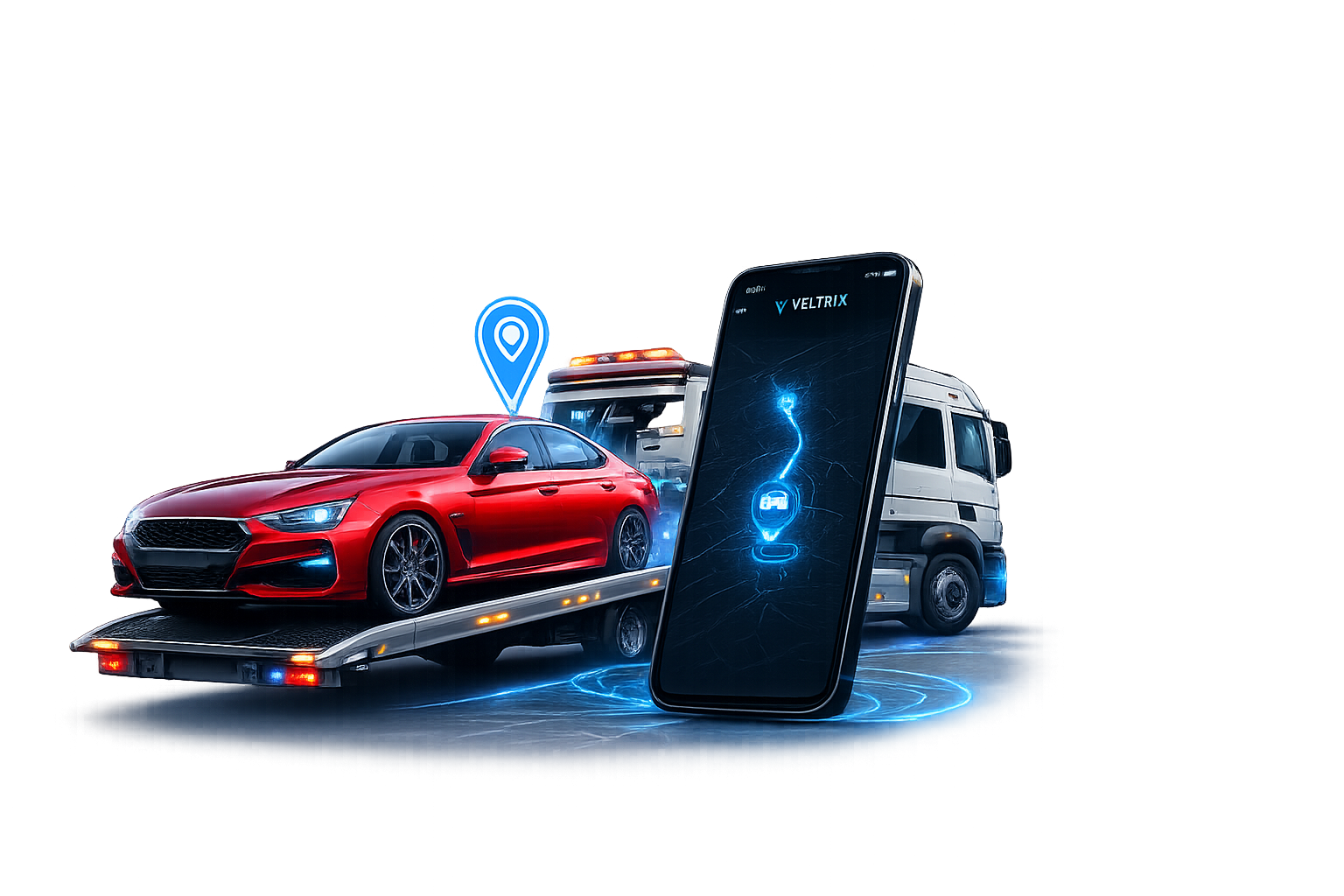 Guincho Veltrix transportando carro com rastreamento pelo aplicativo